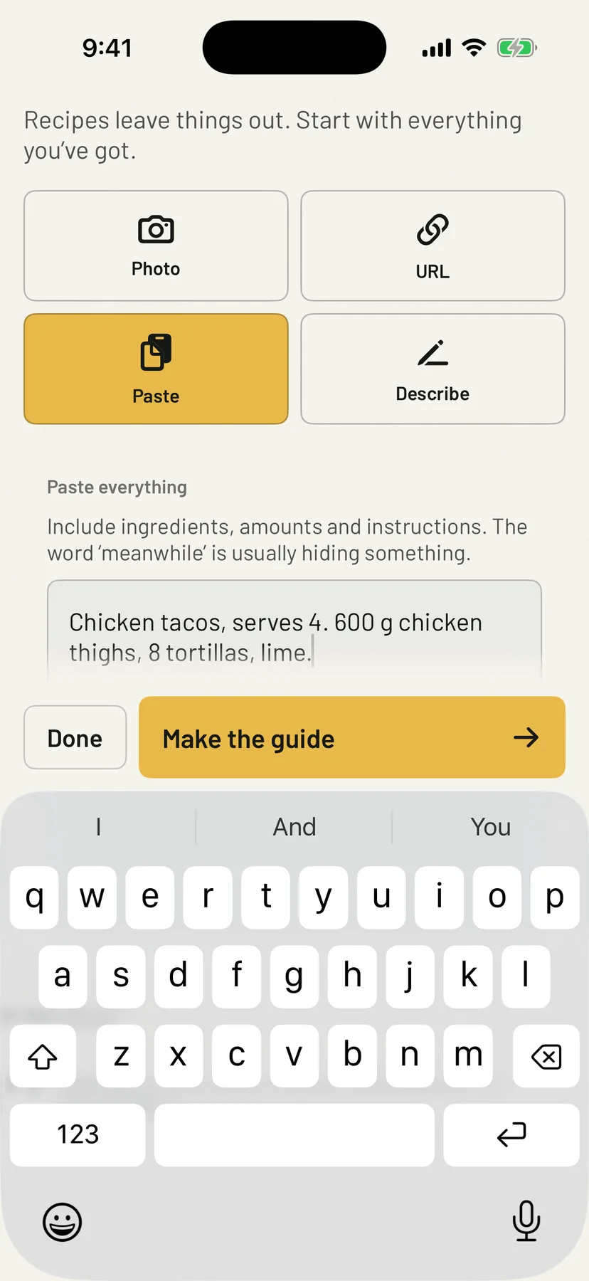 The Bring a recipe screen in Munchblocks: Photo, URL, Paste and Describe options, a pasted recipe for chicken tacos, and a Make the guide button