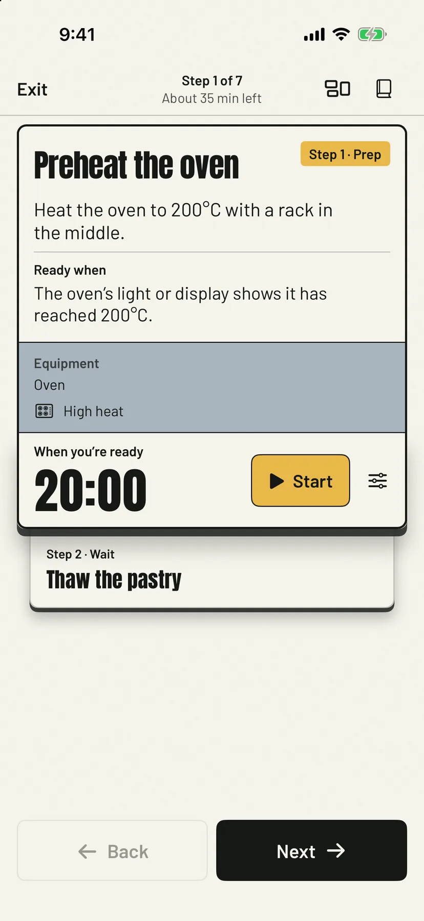 The Munchblocks cook screen: step 1, Preheat the oven, with its Ready when check, equipment and a timer waiting for Start