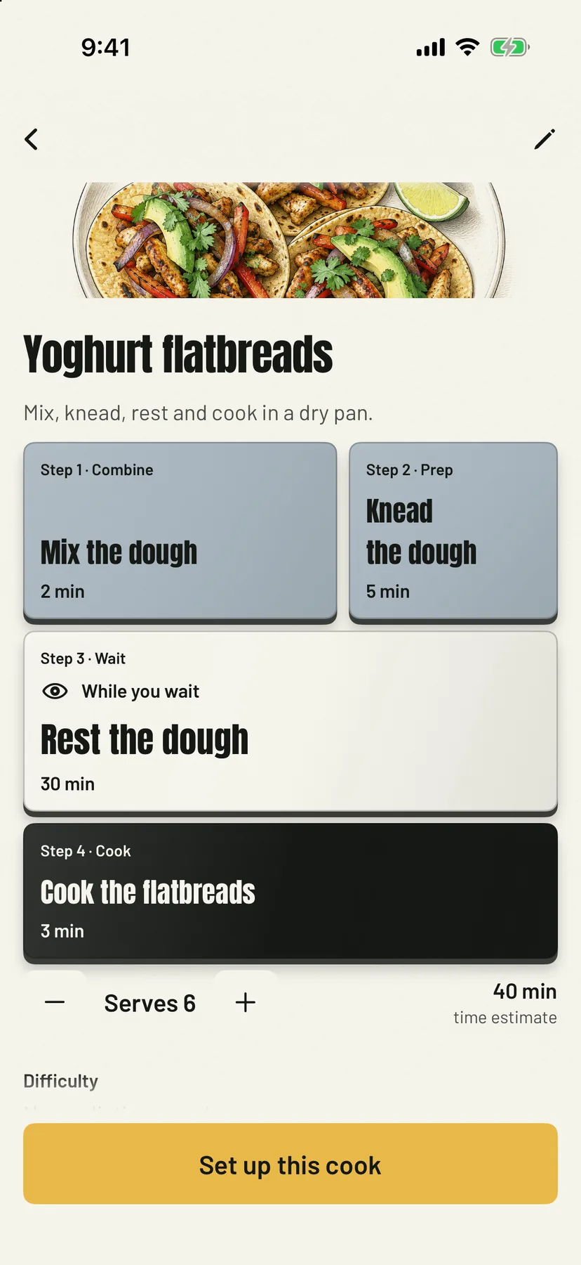 The Yoghurt flatbreads guide in Munchblocks: four step blocks, Mix the dough, Knead the dough, Rest the dough and Cook the flatbreads, above a Serves 6 control and a 40 minute estimate