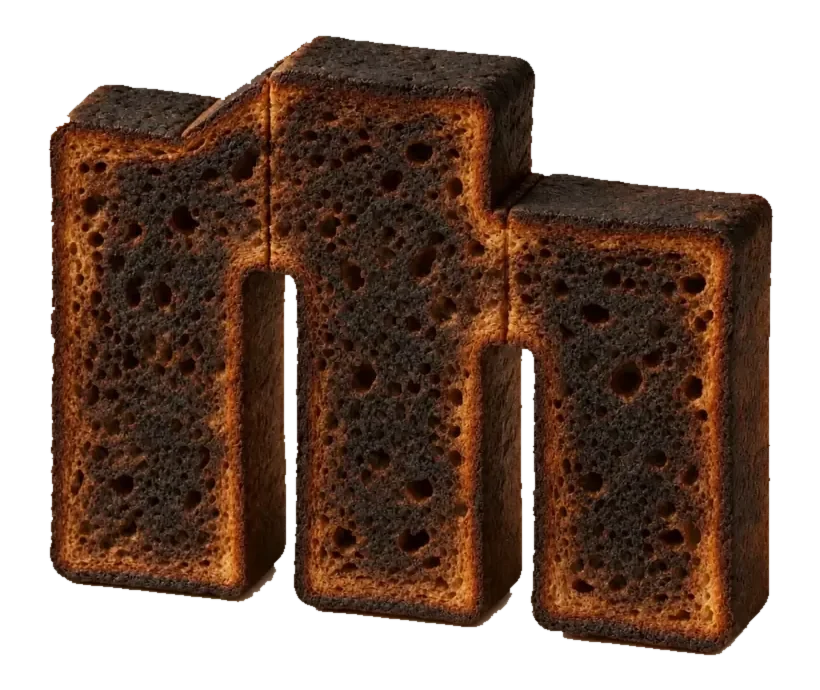 The Munchblocks m, made of toast, burnt black